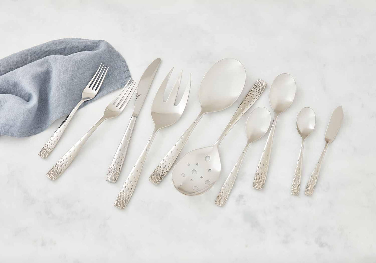 nambe Dazzle 45-Piece Flatware Set Service for 8 Plus Butter Knife, Sugar Spoon and 3 Piece Hostess Set, 18/10 Mirror Stainless Steel Silverware Cutlery Set, Dishwasher Safe