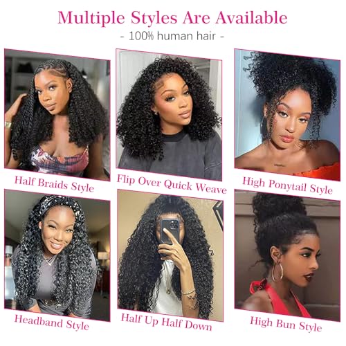 Afro Kinky Curly Human Hair Half Wigs for Black Women Wear & Go Glueless Wigs Human Hair Seamless Kinky Curly Flip Over Drawstring Clip in Half Wig No Sew In 200% Density Natural Color 16 Inch
