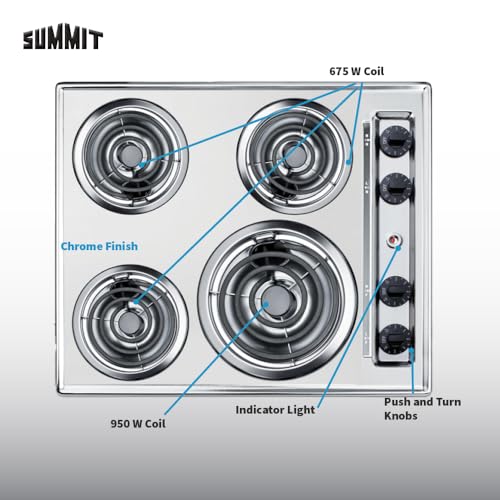 Summit 24" 4 Burner Electric Cooktop. 230 Volt Coil Electric Cooktop, Stainless Steel Look- ZEL03