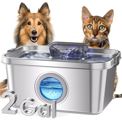 PETIMI Cat & Dog Water Fountain, 2 Gallon 304 Food Grade Stainless Steel Pet Water Fountain, Ultra Quiet Dog Water Bowl Di...