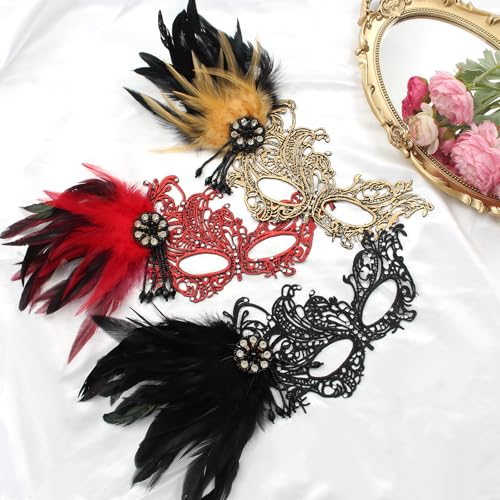 GUXIMIAR Lace Masquerade Mask for Women Mardi Gras Rhinestone Mask with Feather 1920s Venetian Party Accessories