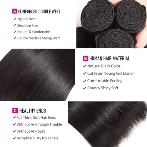 Straight Bundles Human Hair 24 24 24 Inch Human Hair Bundle Brazilian Straight Weave Bundles 100% Unprocessed Virgin Human Hair Extension for Women Natural Color