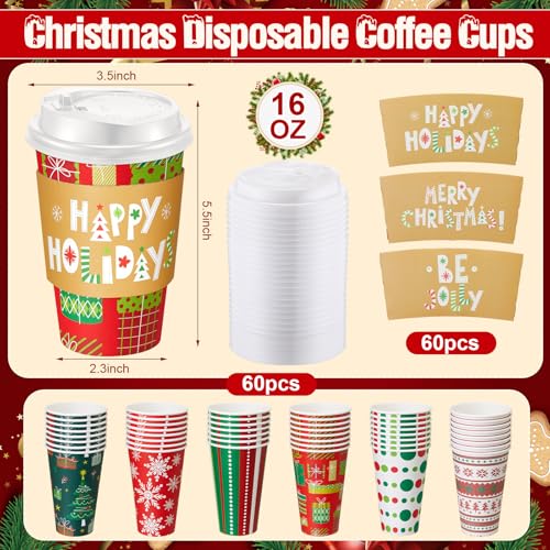 Sunnychicc 60 Sets Christmas Disposable Coffee Cups with Lids and Sleeves Stirrers, Xmas Party Hot Chocolate Cocoa Paper C...