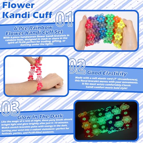 6 Pcs Flower Kandi Bracelets Glow In The Dark Stretch Rave Candy Bracelets Multi Color Beaded Flower Kandi Cuff Rave Acces...