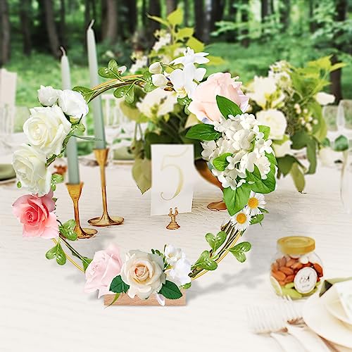 trophable 15Pcs 12 Inch Metal Floral Hoop Centerpiece with 15 PCS Wood Place Card Holders and Adjustable Foot Pads, Gold W...