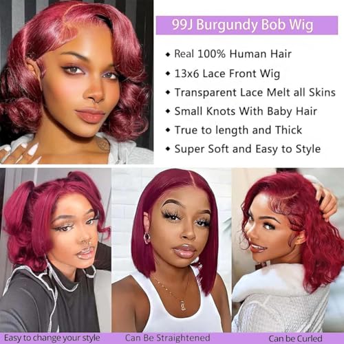 14 Inch Burgundy Bob Wig Human Hair 13x6 99j Burgundy Lace Front Wigs Human Hair Bob Wigs For Black Women 200% Density 99j 13x6 Hd Transparent Lace Front Body Wave Wigs Pre Plucked Pre Cut