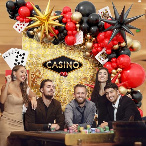 Casino Balloon Arch Garland Kit with Red Black and Gold Balloons Dice Boxes Random Pokers for Birthday Casino Night Las Ve...