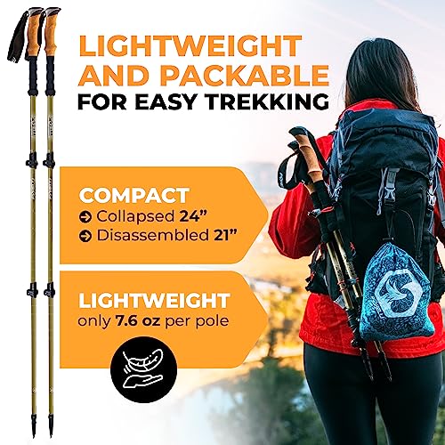 Foxelli Hiking Poles Bundle (2 Pairs) – Black & Khaki Collapsible Lightweight Carbon Fiber Trekking Poles with Accessories