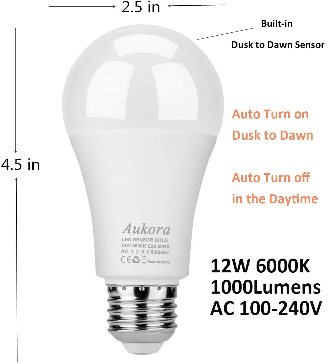 Aukora Led Dusk to Dawn Light Bulb 4 Pack, 12W (100-Watt Equivalent 1000lm) Smart Sensor Light Bulbs Indoor E26/E27 6000K Daylight A19 for Porch Yard Garage Garden Patio Outdoor (Cool White)