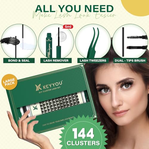 KEYYOU Lash Clusters Kit 144pcs Thick Volume D Curl Eyelash Clusters Lash Extension Kit with Mascara Brush Bond and Seal G...