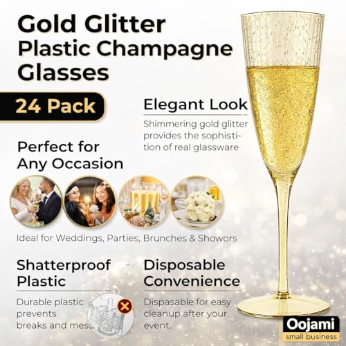 Oojami 6 Oz Gold Glitter Plastic Champagne Glasses 24 Pack Hard Disposable Plastic Champagne Flute Ideal for Home Daily Li...