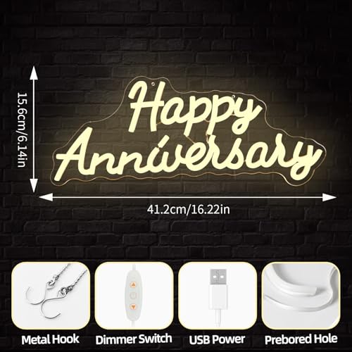 hhuohuona Happy Anniversary Neon Sign Dimmable Wedding Anniversary Decorations Led Sign Backdrop Feliz Aniversario Light U...