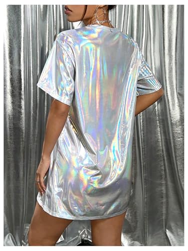 SHENHE Women's Y2k Shiny Holographic Short Sleeve Metallic Party Disco Oversized Tshirt Dress