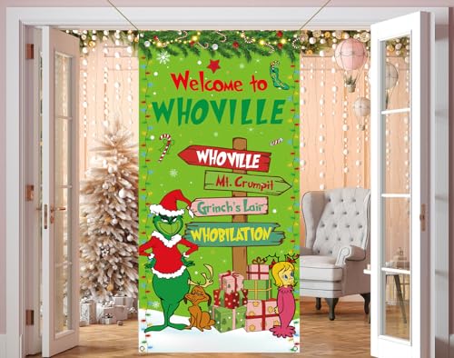 Sunwer Welcome Xmas Door Cover Green Elf Christmas Winter Holiday Party Decoration Front Porch Sign Backdrop Banner for Ho...