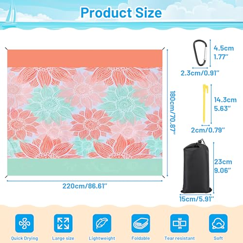 Omoojee Beach Blanket Waterproof Sandproof, 87" X 71" Beach Mat for Outdoor Beach, Picnic, Camping, Hiking (Pink Flower)