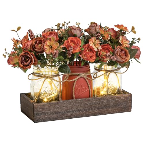 DUOER 3 Pcs Mason Jar Centerpiece Table Decorations for Dining Table Decor Farmhouse Coffee Table Decor with Wood Tray and...