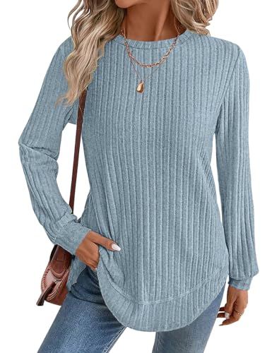 JUSTFASHIONNOW Womens Long Sleeve Shirts Trendy Sweaters Lightweight 2025 Casual Crewneck Fall Tunic Tops Loose Fit Dressy