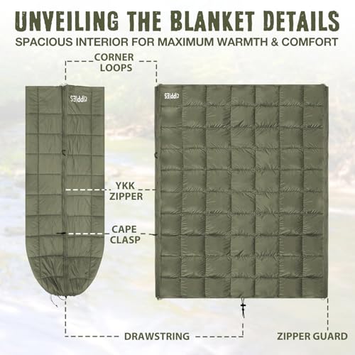 ZIPPIES 3M Thinsulate Insulation Puffy Camping Blanket for Cold Weather, Queen Size Warm Camping Quilt with Zipper, Waterp...