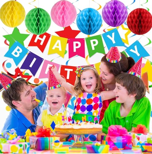 Buygain Colorful Birthday Decorations, Happy Birthday Banner with Honeycomb Balls, Stars Hanging Swirl Streamers, Buntings...