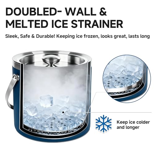 3L Double-Wall Insulated Stainless Steel Ice Bucket with scoop for Cocktail Bar - Metal Ice Bucket for freezer with Lid fo...