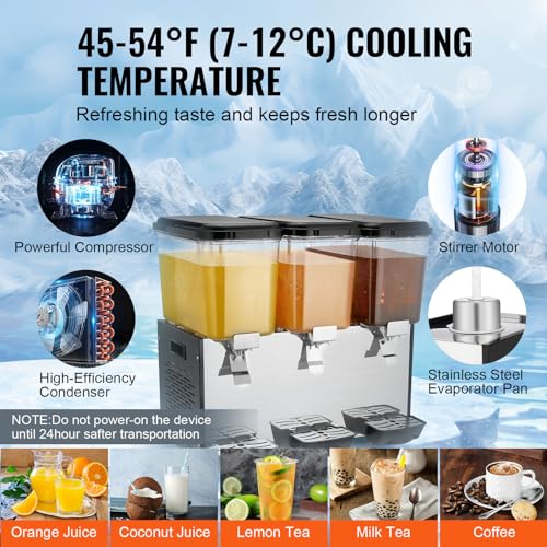 VEVOR Commercial Beverage Dispenser, 3 Tanks 18 L / 19 QT Per Tank Juice Dispenser, 512W Stainless Steel Ice Tea Drink Mac...