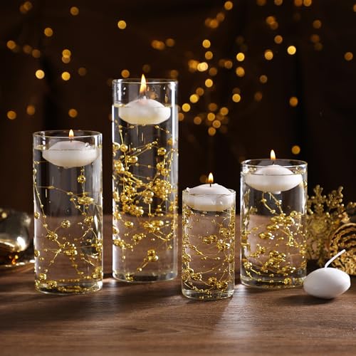 FFUW 24 Pcs Floating Candles 12 Glass Vases for Centerpieces with 400 Acrylic Fake Ice Cubes 6 Pearl String Vase Filler Fl...