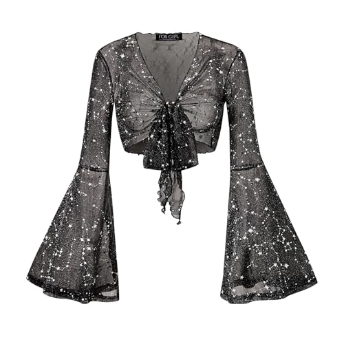 For G and PL Women Tie Front Bell Sleeve Rave Crop Tops Floral Print Hippie Mesh Sheer Shirt