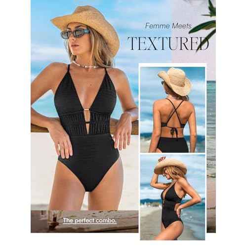 CUPSHE Women's One Piece Swimsuit Plunging Neck Cutouts Bathing Suit Textured Ruched Crisscross Back Self Tie Swimwear
