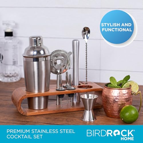 BIRDROCK HOME 10 Piece Professional Bartender Cocktail Mixing Set with Acacia Wood Stand | Stainless Steel Bar Tools for H...