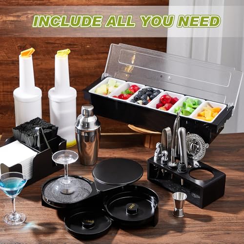 Mifoci 23 Pcs Bartender Supplies Kit Garnish Tray for Bartenders with Bar Caddy 3 Tier Salt Rimmer 13 Pcs Cocktail Shaker ...