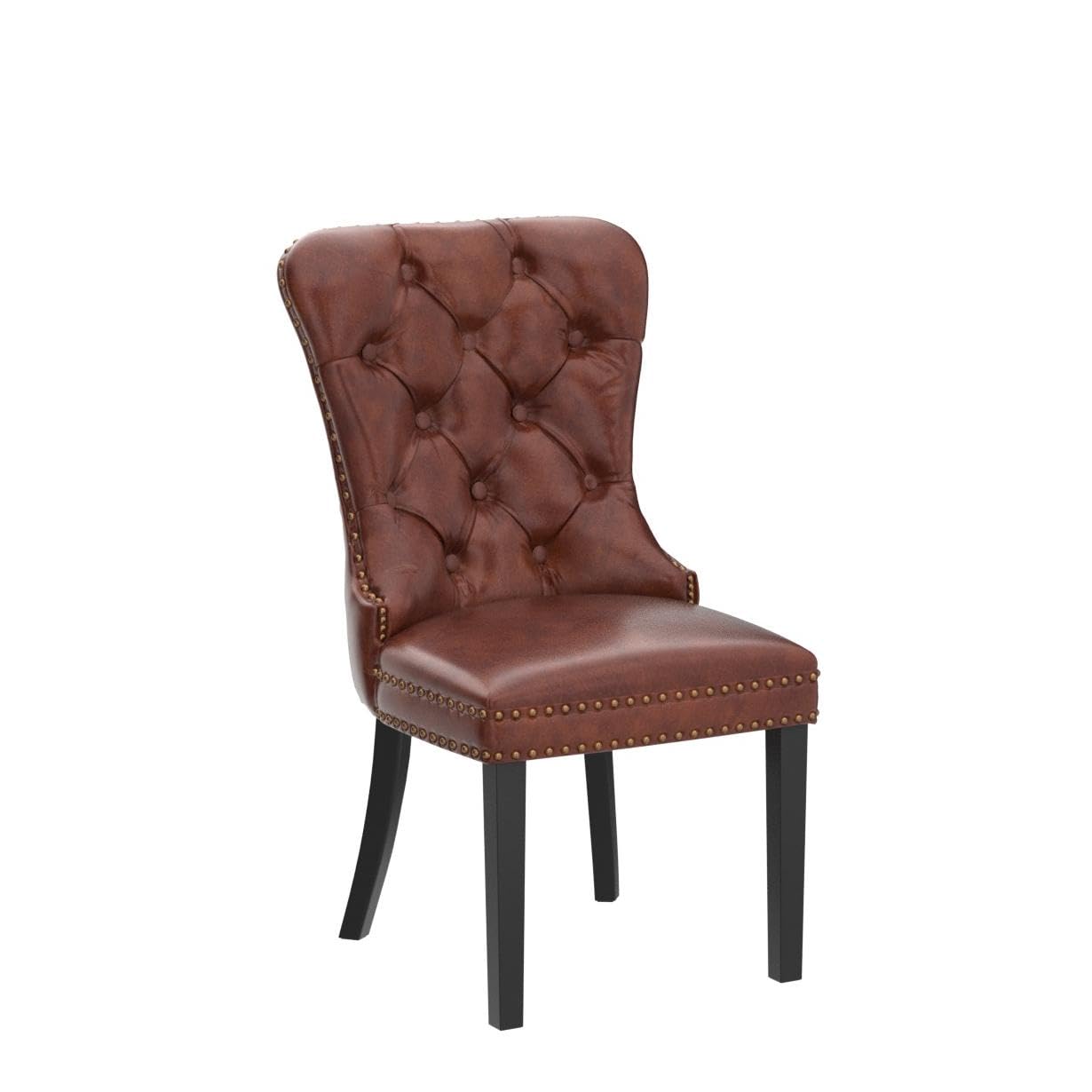 EALSON Modern Dining Chairs Set of 2 Mid Century Leather Dining Room Chairs with Wood Legs Tufted Upholstered Kitchen Side Chairs with Nail Head Trim for Dining Room/Living Room, Brown with Ring