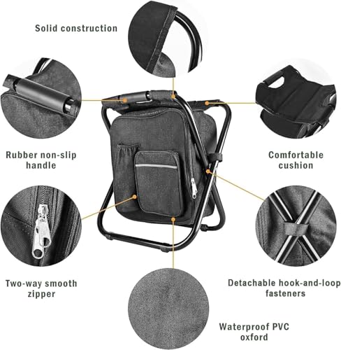 Out&About 3-in-1 Backpack Stool Cooler Chair, 400 LBS Max Load, Portable Folding Fishing Cooler Stool - Black