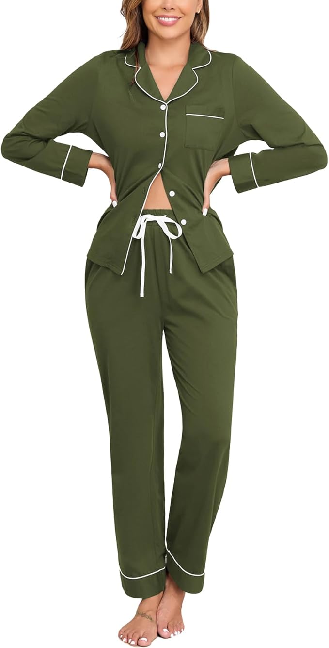 Veseacky 100% Cotton Pajamas for Women Set Long Sleeve Button Down Sleepwear Soft Pjs Lounge Sets with Pockets XS-XXL