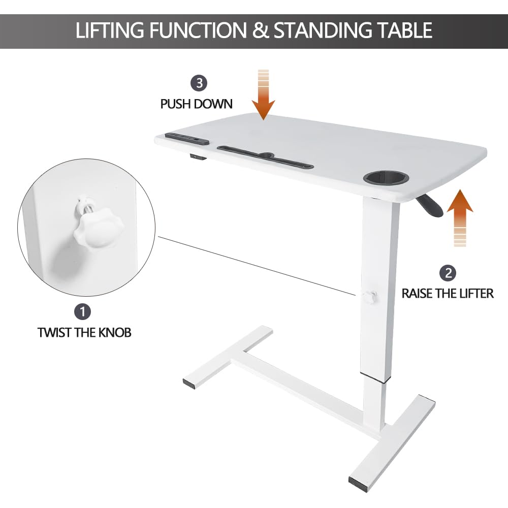 Over Bed Table Pneumatic Adjustable Height Stand Desk with Hidden Wheels USB Ports Pad Slot Mobile Laptop Standing Desk Cart, Podium Table (White, 32X16 inshes)