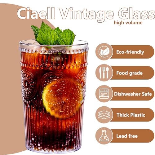 Ciaell 12 Pack Romantic Plastic Water Glasses - 14 Oz Clear Vintage Drinking Glasses, Embossed Ribbed Plastic Cups, Textur...