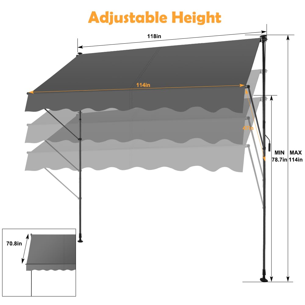 SMONTER Manual Retractable Awning, 118" Non-Screw Outdoor Patio Awning Sunshade Shelter, Height Adjustable Sunshade Patio Door Window Awning Canopy for Backyard, Garden, Balcony, Gray
