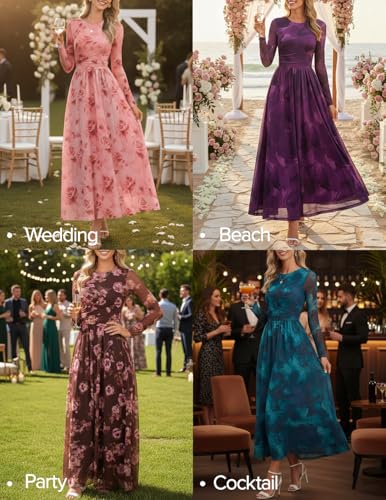 ZESICA Women's Maxi Dress 2026 Spring Long Sleeve Crewneck Floral Print Mesh Ruched Party Wedding Guest Dresses