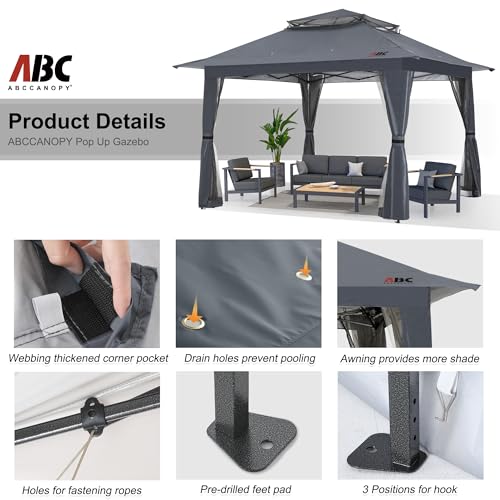 ABCCANOPY 13x13 Pop Up Gazebo, Outdoor Canopy Tent, Instant Screened Shelter with Mosquito Netting for Patio, Garden, Back...