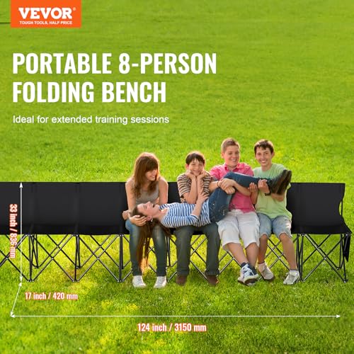 VEVOR Portable Folding Bench, 8 Seats Foldable Sideline Bench, Outdoor Camping Bench Chair with Carry Bag & Backrest, Team Sport Sideline Bench for Football Fishing, No Assembly Instant Seating, Black