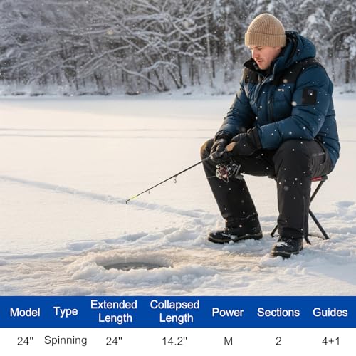 Goture Ice Fishing Rod and Reel Combo with Carry Bag, 24''Medium Spinning Ice Fishing Pole, 58Pcs Jigs & Lures with Storag...