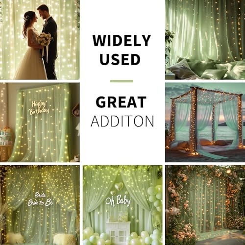 EaziCozi Sage Green Tulle Backdrop Curtain with Lights String - 10x10ft Sheer Backdrop with 300 LEDs for Wedding, Baby Sho...