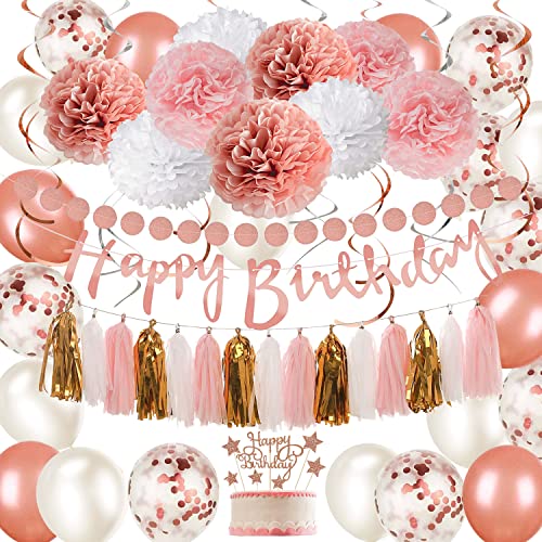 Rose Gold & Pink Party Decorations Set - Happy Birthday Banner, DIY Cake Topper, Circle Dots & Swirls Garlands, Tissue Pap...