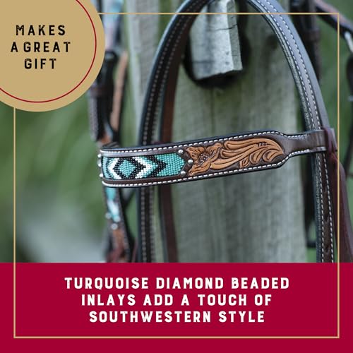 Weaver Leather Turquoise Diamond Beaded Horse Headstall, Leather Headstalls for Horses for Trail Riding, Durable Equine Supplies, Dark Oil