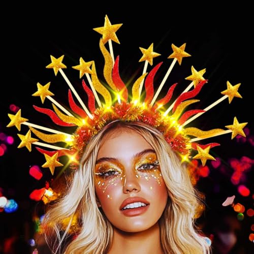 DRESBE Light Up Sun Goddess Headband New Year LED Star Crown Headbands NYE Glow Party Hair Accessories for Women