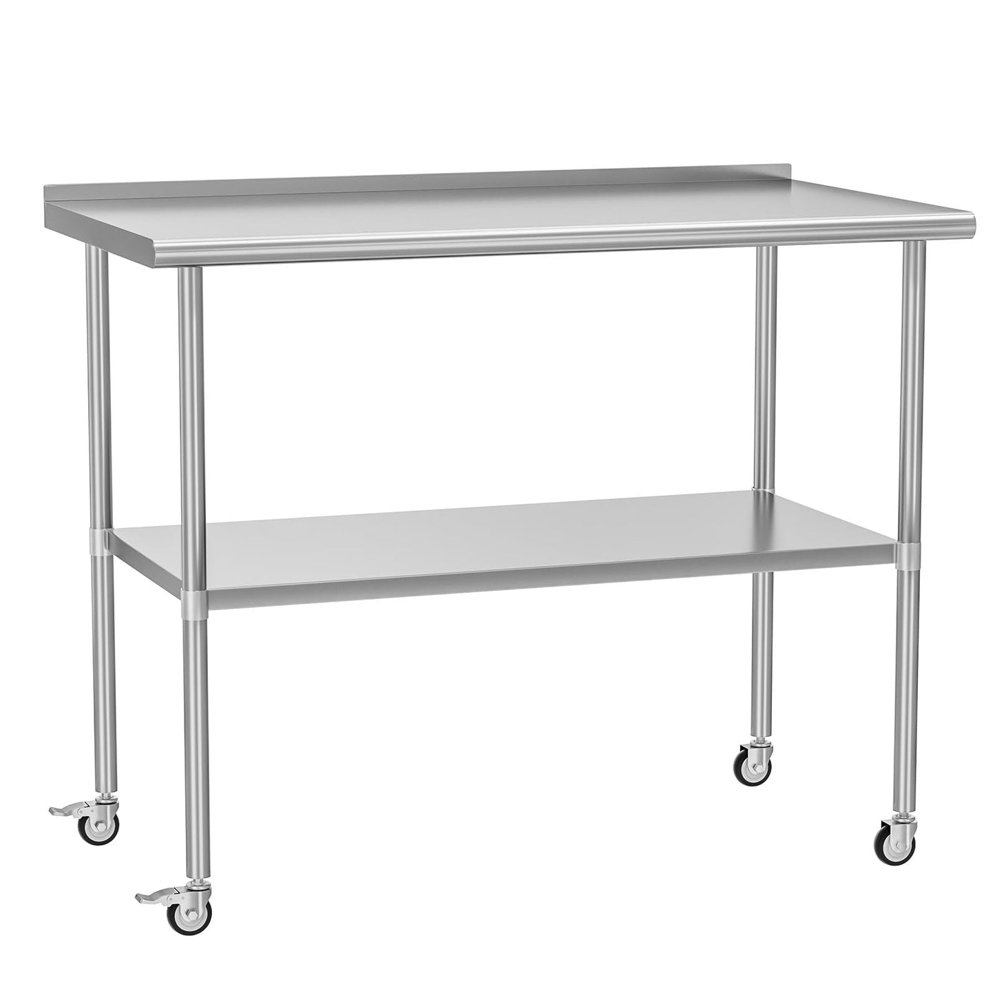 HOCCOT Stainless Steel Prep Table 30" X 48" with Adjustable Undershelf, Backsplash and Wheels, Commercial Metal Workstations for Kitchen, Garage, Outdoor BBQ
