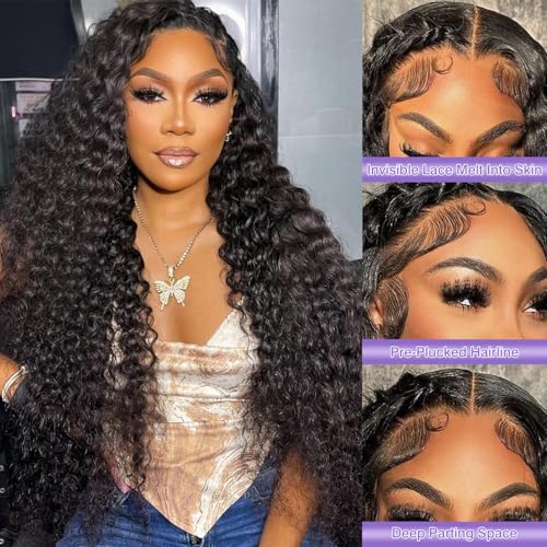 Deep Wave Lace Front Wigs Human Hair 13x6 HD Lace Front Wigs Human Hair 200% Density Pre Plucked Deep Wave Frontal Wig Deep Curly Wig for Women 24Inch