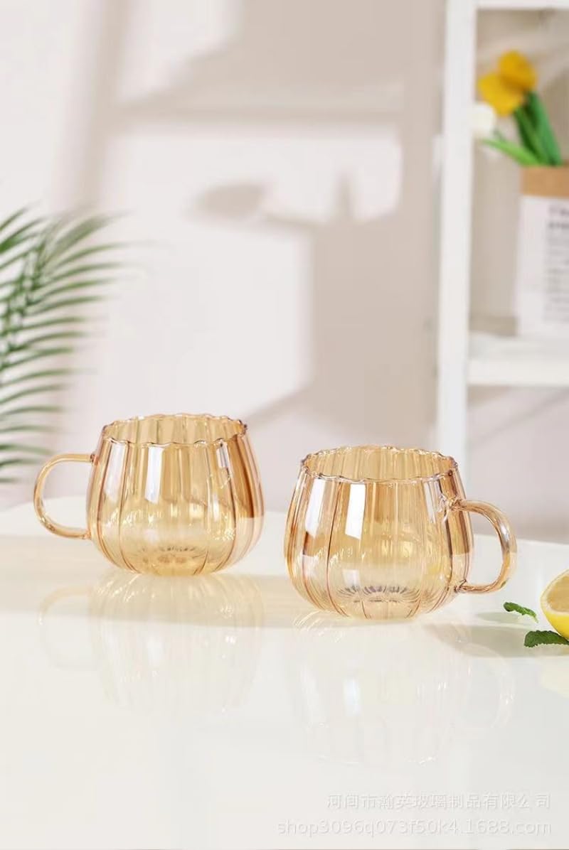 RYUHYF Glass Mug, Coffee Cup, Suitable for Tea, Juice, Milk and Drinks, Pumpkin Cup, 350ml, Set of 1（Amber）