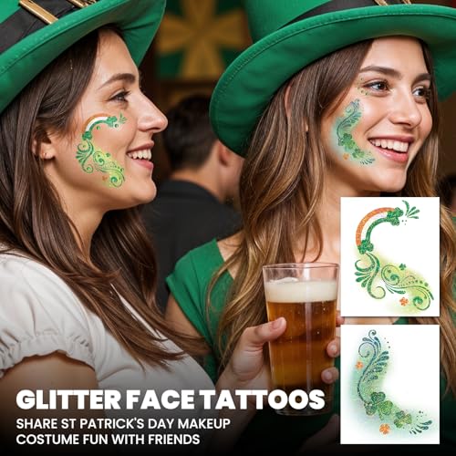 EMOME St Patrick Day Accessories, St Patrick's Day Glitter Shamrock Face Tattoo with Green Face Gems and Faux Freckles, Sa...