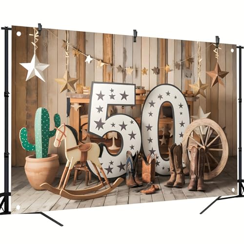 MOXDBT 50th Birthday Western Cowboy Backdrop Banner - Rustic Wild West Theme Polyester Photo Background for Party Decor, 7...