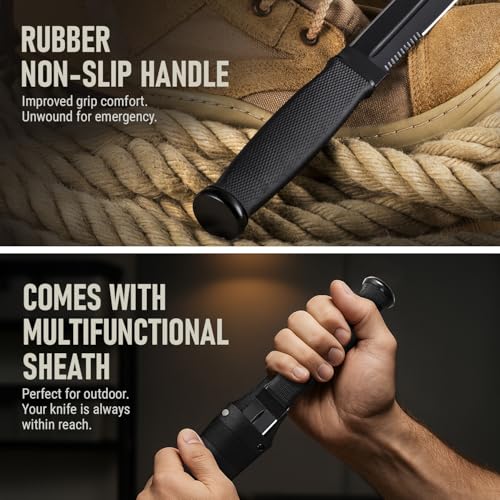 Tactical Survival Knife with Sheath – 6.5" Fixed Full Tang Blade, Serrated Edge – Hunting Knife with Non-Slip Rubber Handl...
